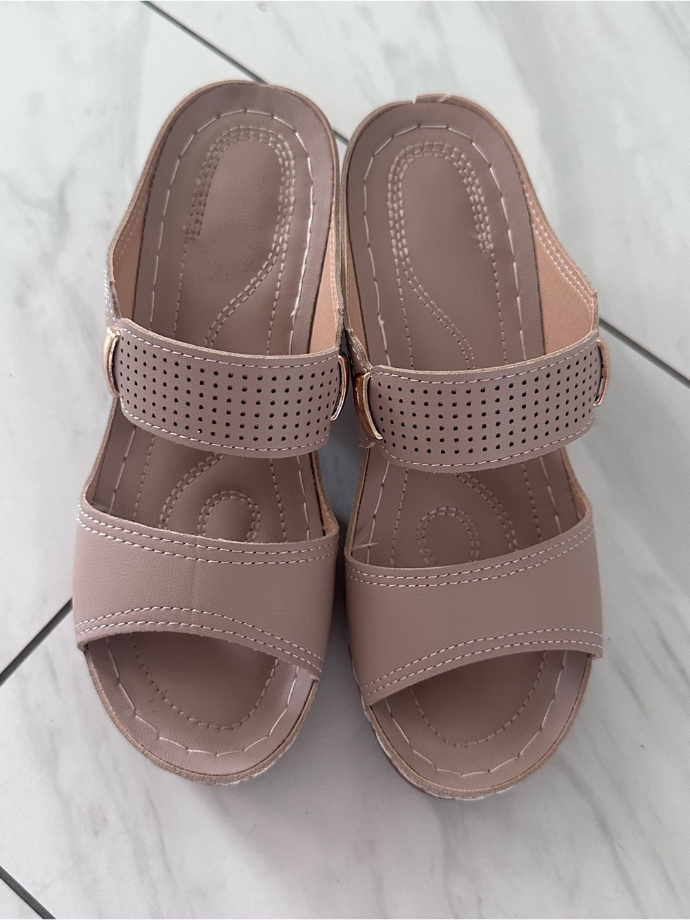 Women’s Taupe Slide Mules with Perforated Adjustable Strap